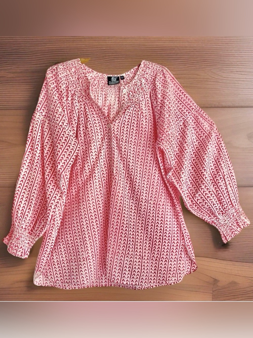 Tuckernuck Madison Mathews XL Tunic Top Block Print Cotton Pouf Sleeves Coral